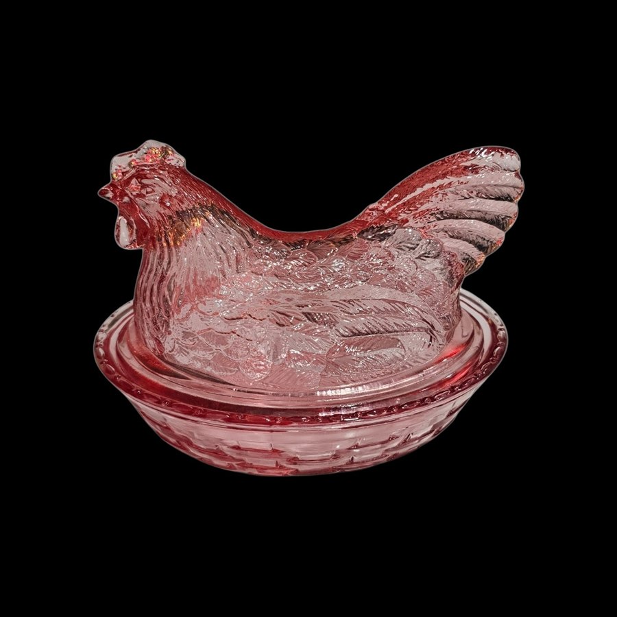 Cranberry pink glass hen on nest covered dish